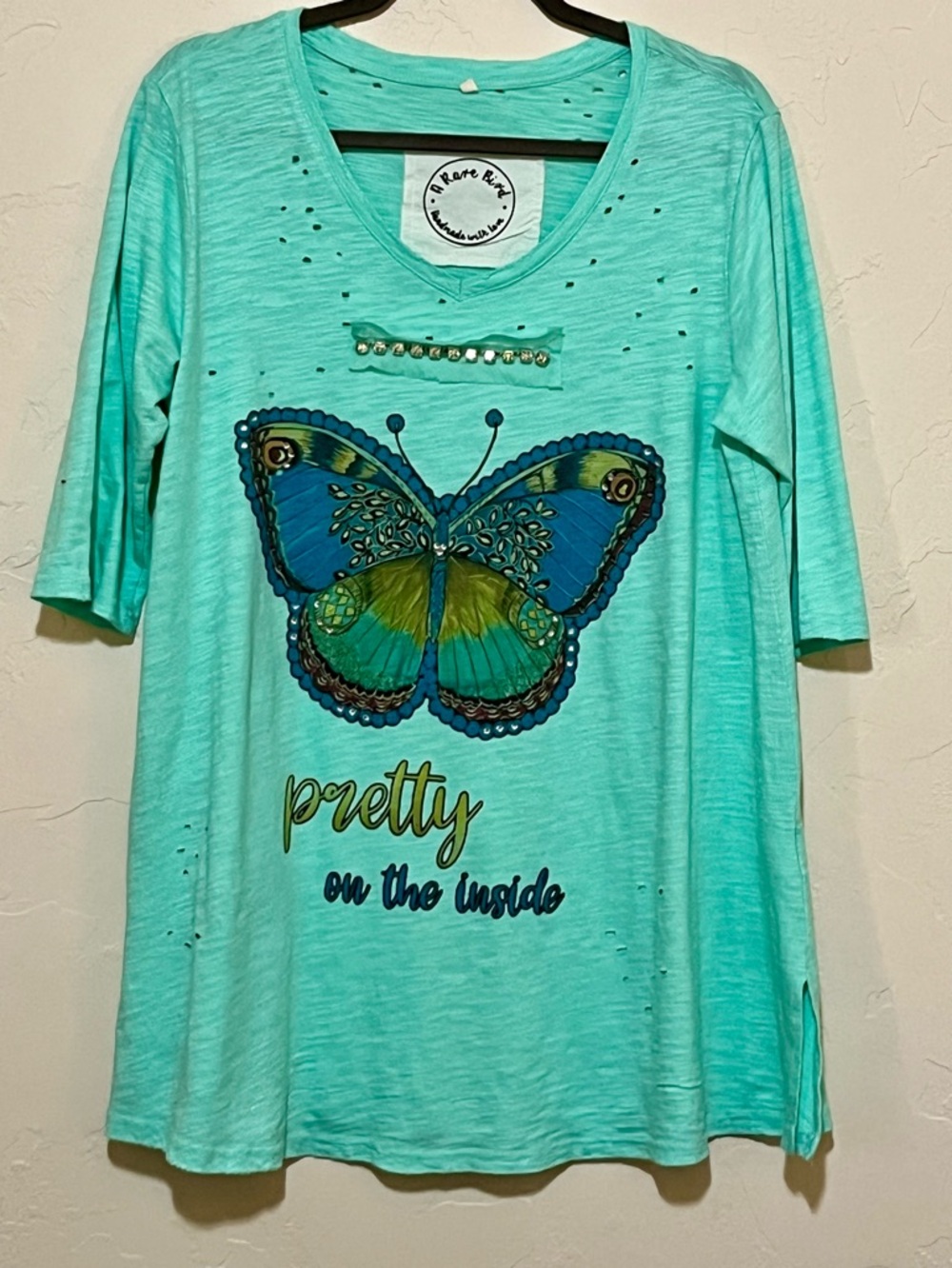 A Rare Bird -Pretty On The Inside Turquoise Butterfly Tunic NEW Distressed Boho